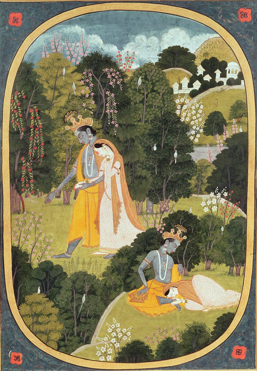 Radha和Krishna走在一个小树林，Kangra，Himachal Pradesh，1820-25 作者 帕哈里学校