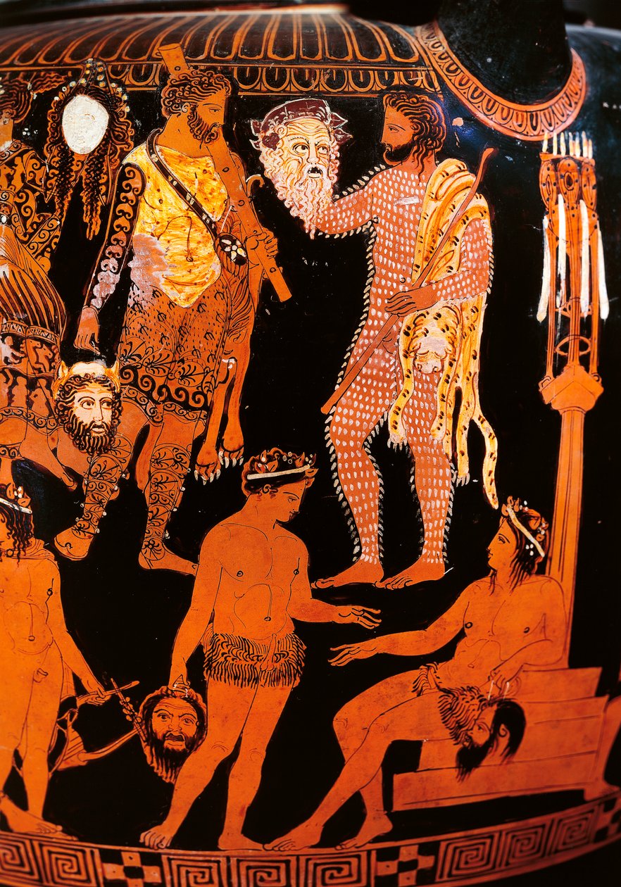 红人像 volute krater 和一个演员拿着他的面具，来自 Ruvo，公元前 410 年（陶瓷） 作者 画家代词