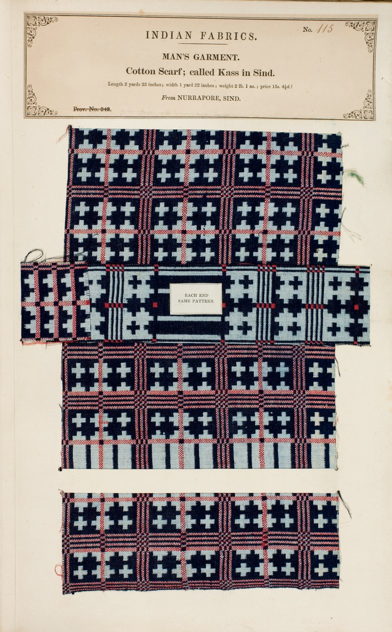 来自印度纺织品制造商收藏的Sind Nurrapore棉花围巾样品，由John Forbes Watson于1866年出版 作者 巴基斯坦学校