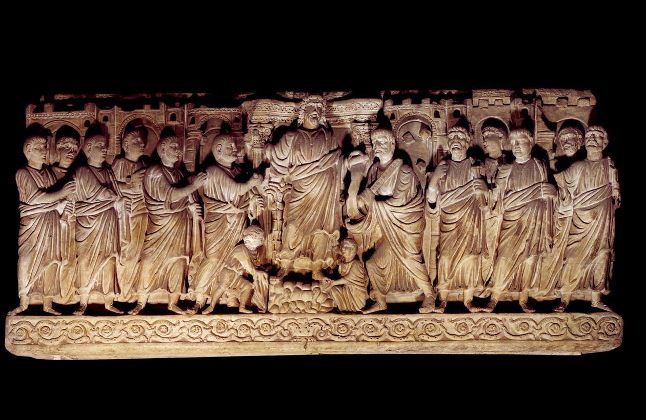 Paleochretian 艺术：雕刻的石棺代表基督与 apoters。 来自罗马圣彼得大教堂，Anicii 的陵墓。 公元 390-400 年。 巴黎，卢浮宫博物馆 作者 古基督教