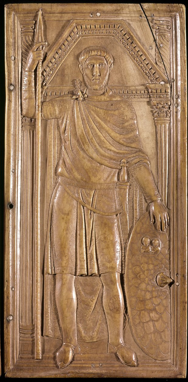 Stilicon in arms, general, patrice and consul of the Western Roman Empire. Right panel of the dyptic of Stilicho (sculpture on ivory, c. 395) 作者 古基督教