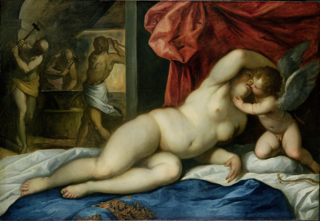 在Vulcans Forge的金星和Amor，c.1600 作者 帕尔玛（Palma Il Giovane）