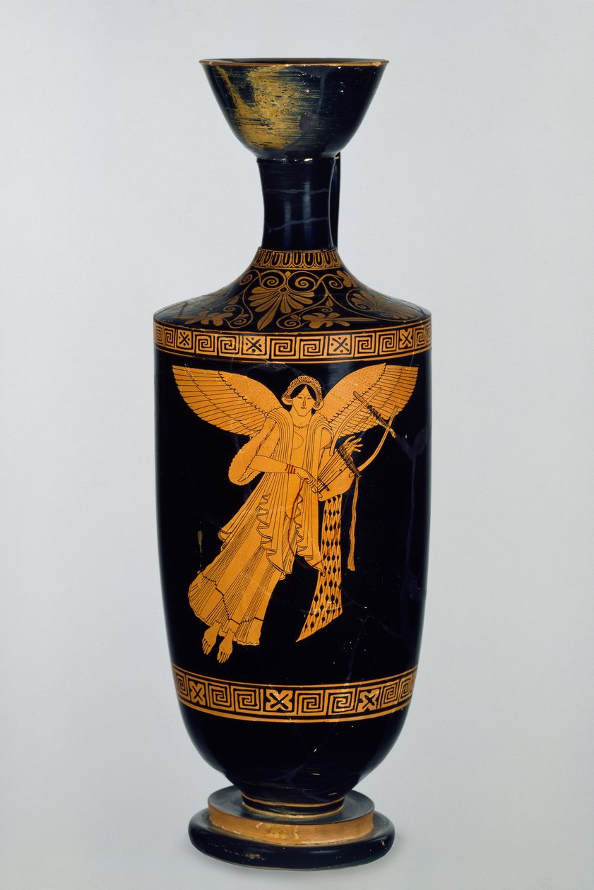 阁楼红图lekythos装饰着耐克的翅膀，在Gela，c.490-80BC（陶瓷）发现 作者 潘画家