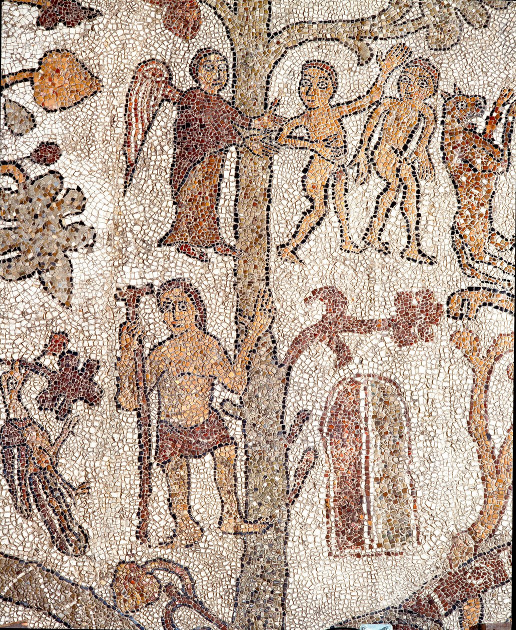 亚当和夏娃从祭司和马赛克的Pantaleone地球天堂马赛克中狩猎。 1163-1166。奥特朗托大教堂的中央教堂 作者 Pantaleon