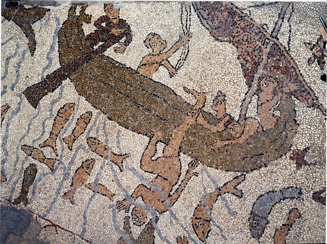 The Prophhete Jonas is jete to the sea 细节。 Pantaleone、 牧师和马赛克的马赛克。 1163-1166。 意大利奥特朗托 (Otranto) 大教堂的中央教堂中殿 作者 Pantaleon Pantaleon