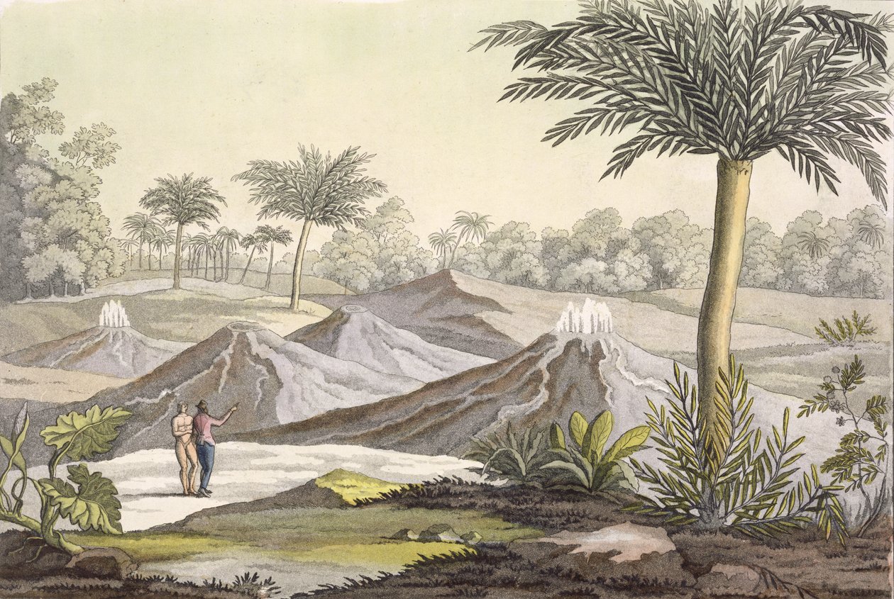 哥伦比亚卡塔赫纳附近的Ario di Turbaco火山，来自&39;Le Costume Ancien et Moderne&39;，第一卷，第7页，由Jules Ferrario出版，出版于1820年代至30年代（彩色版画） 作者 保罗·富马加利