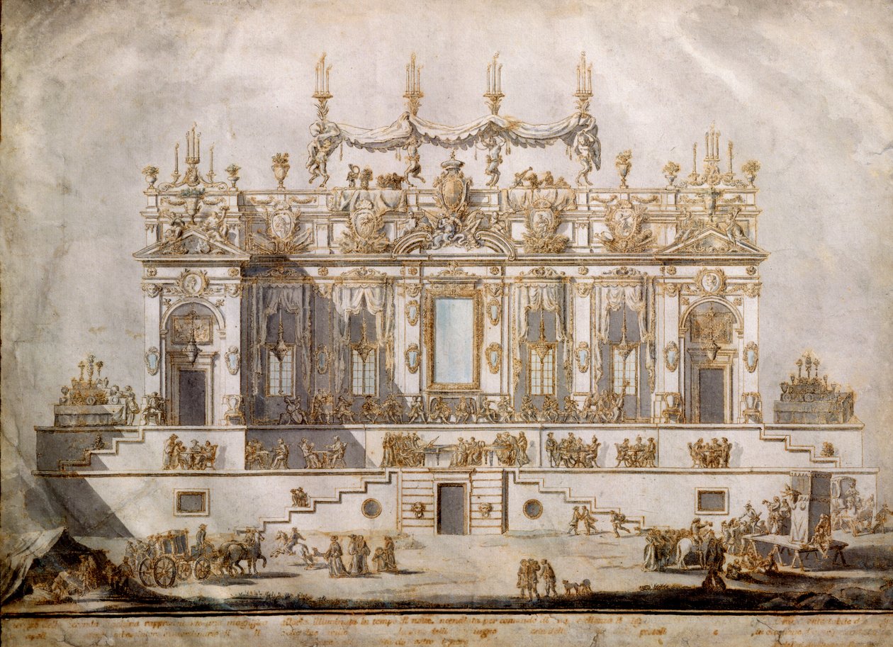 大房子的横截面，为Festa della Chinea设计，由G. Palazzi（c.1740-76）绘制，1764年（笔和墨水在纸上洗） 作者 保罗·波西