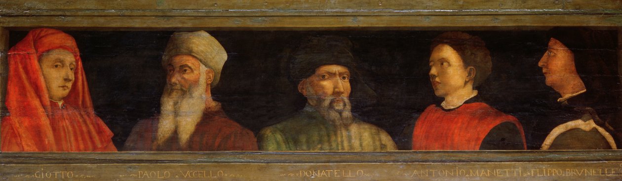 乔托的肖像（c.1266-1337）Uccello，Donatello（c.1386-1466）Manetti（c.1405-60）和Brunelleschi（1377-1446）（小组中的蛋彩画） 作者 保罗·乌切洛