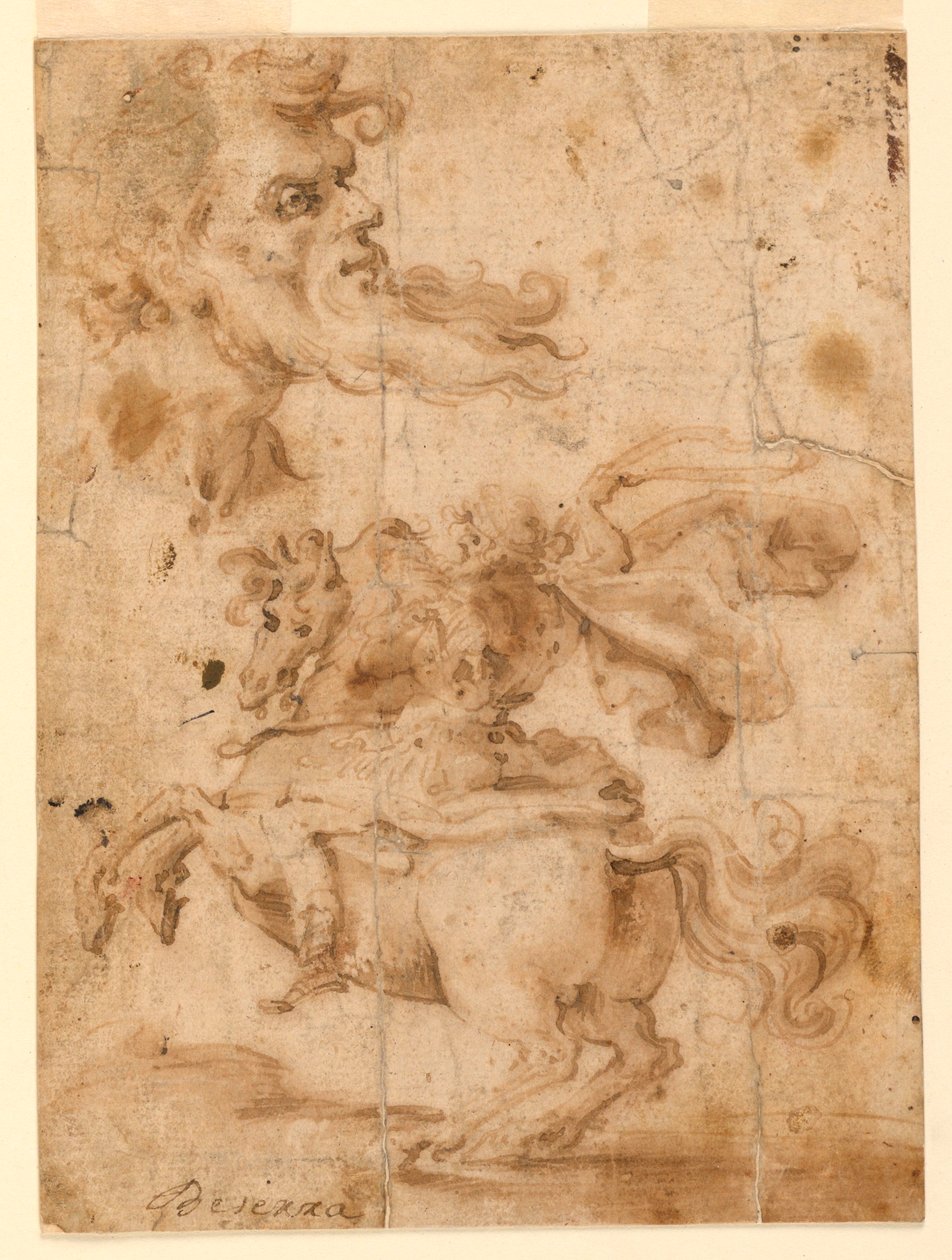 素描，大胡子男人的头，马背上的男人，约 1650 年 作者 保罗·埃米利奥·贝森齐