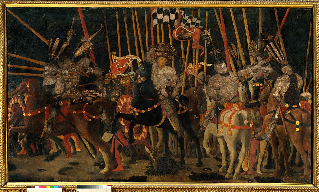 1432 年 2 月 6 日佛罗伦萨和锡耶内斯之间的圣罗马诺战役（Micheletto da Cotignola 的反击）。 Paolo di Dono dit Uccello (1397-1475) 1456 年作画。 1,8x3,2 m 巴黎，卢浮宫。 作者 保罗·乌切洛