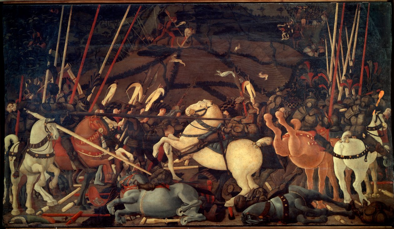 1432 年的 Deroute de San Romano（圣罗马诺战役）。第三集：Bernardino della Ciarda 的失败。 Paolo di Dono di Paolo Uccello (1397-1475) 的绘画 作者 保罗·乌切洛