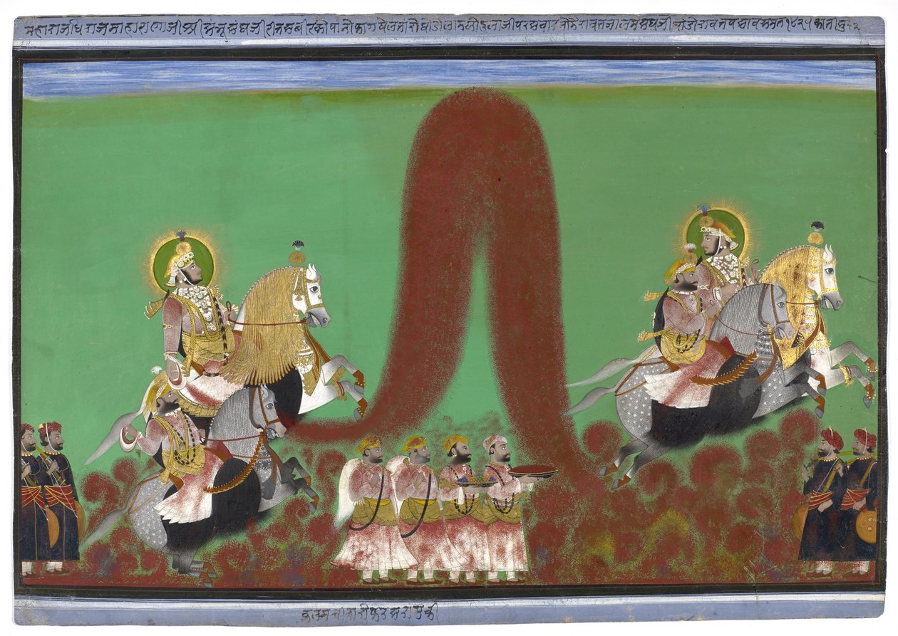 Mewar的Shahahu Singh，1868-69播放洒红节（纸上有金色的水粉） 作者 极乐会极乐会