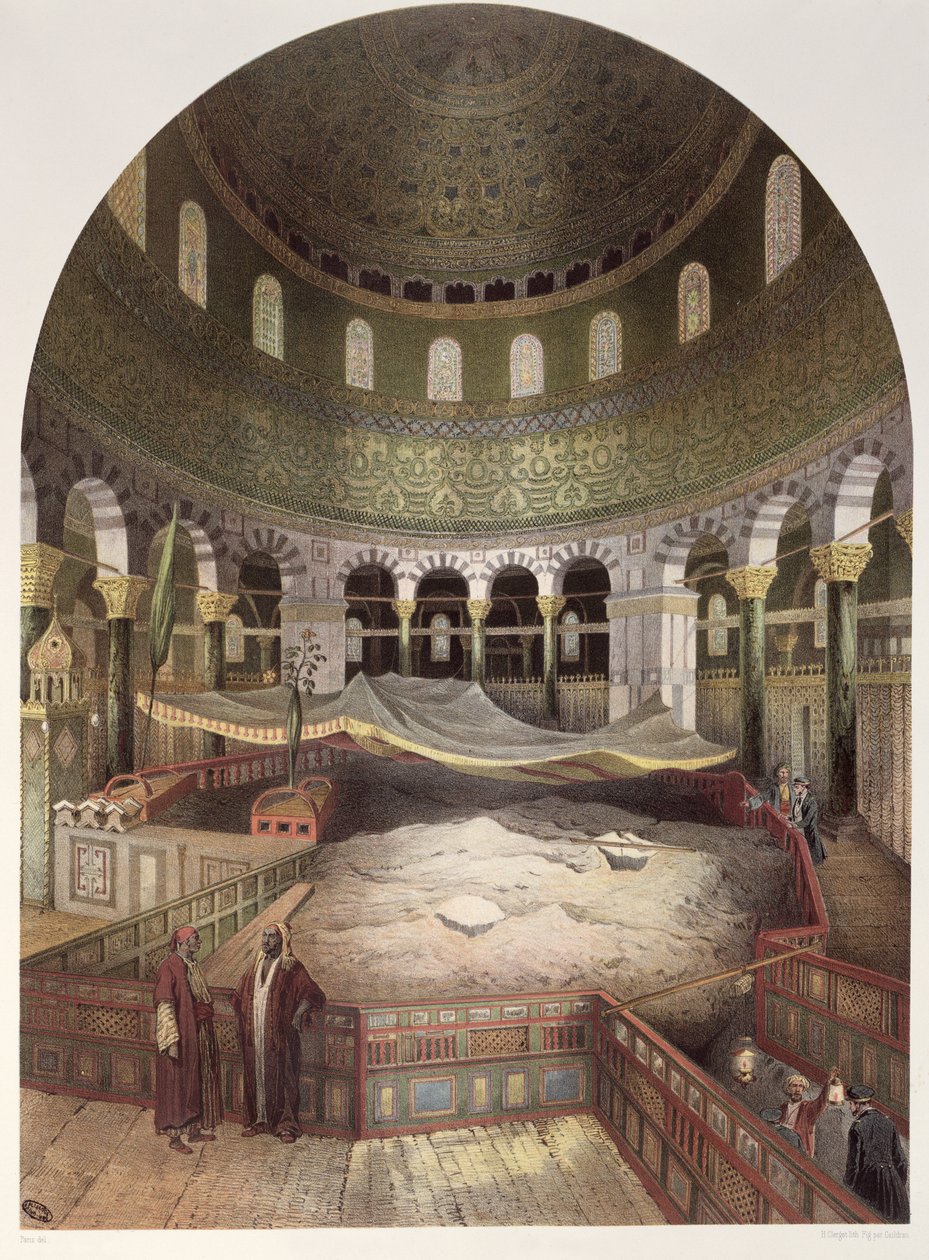 奥马尔清真寺的内部，插图由纪念品耶路撒冷由Contre-Amiral巴黎，由Hubert Clerget（1818-99）和Jules Gaildrau（1816-98）雕刻 作者 巴黎