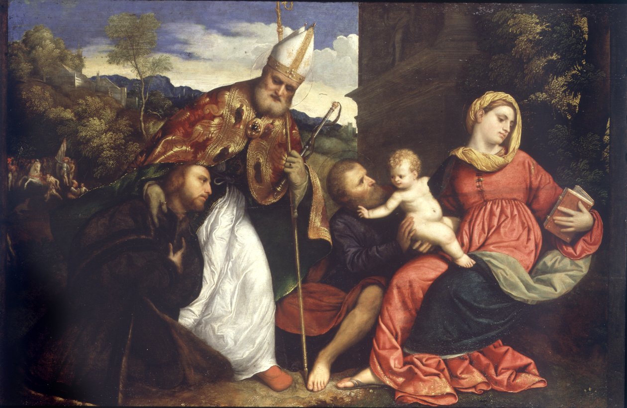 Holy Family with St. Ambrose presenting a donor, c.1525 (oil on panel) 作者 巴黎·博尔多内