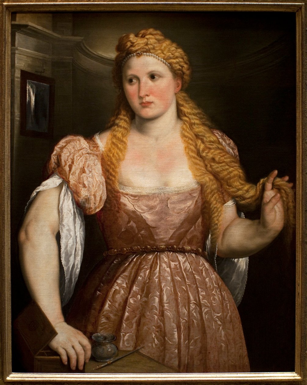 一个年轻女子的画像。 巴黎 Bordone（或 Bordon）绘画（1495-1571 年），布面油画，大约 1550 年。意大利艺术（威尼斯） 作者 巴黎·博尔多内
