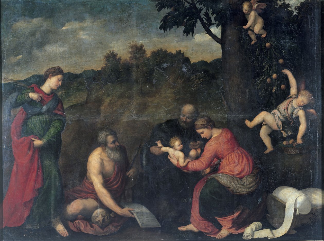 The Holy Family with Saints Jerome, Catherine of Alexandria and Angels (oil on canvas) 作者 巴黎·博尔多内