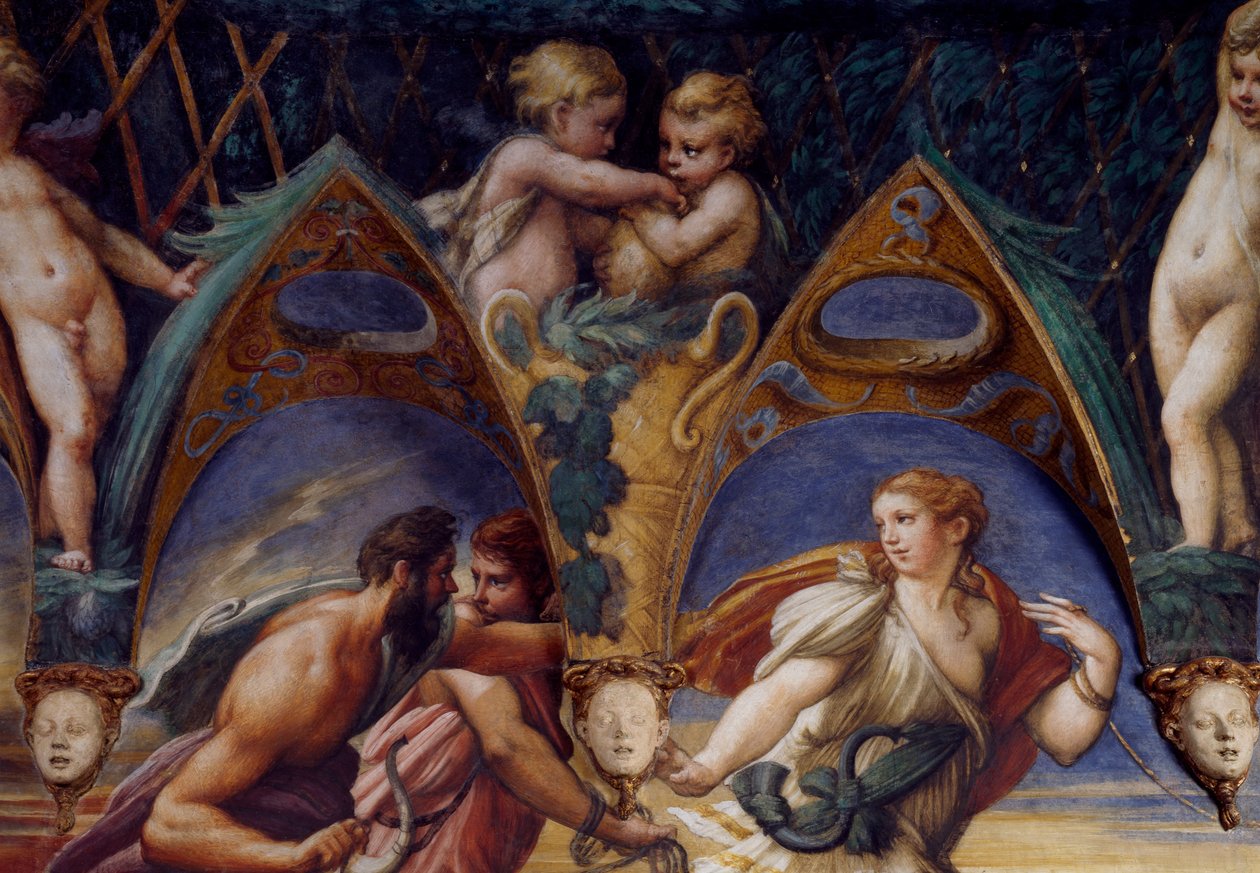 Actaeon和他的同伴们，大约在1524年，由Francesco Mazzola，也就是Parmigianino（1503-1540）创作，壁画，Diana和Actaeon的房间，Rocca Sanvitale，Fontanellato，靠近帕尔马，艾米利亚-罗马涅，意大利。 作者 帕玛强尼诺