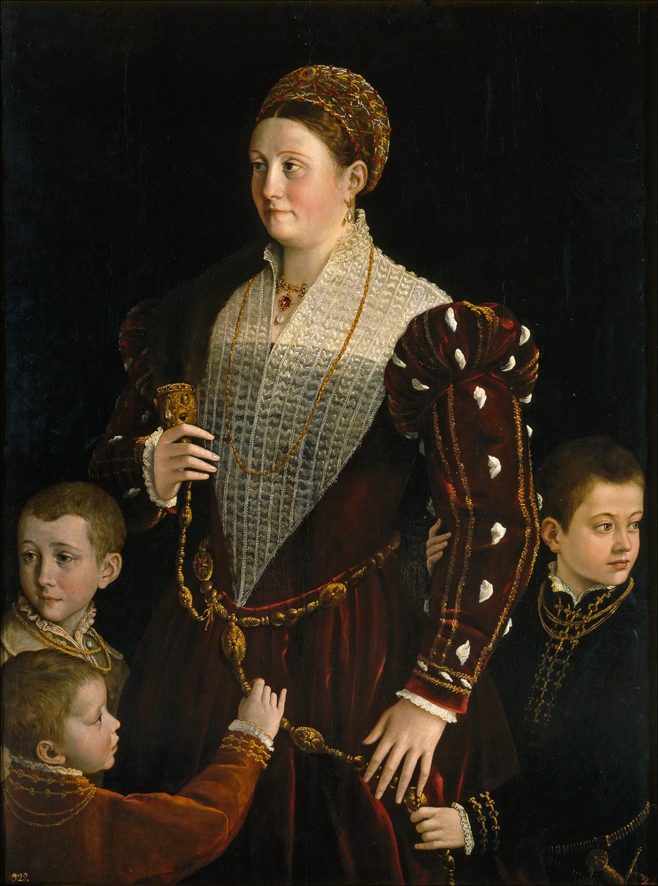 卡米拉·冈萨加（Camilla Gonzaga），圣秒伯爵夫人，有三个儿子，约1534年（面板上的油） 作者 帕玛强尼诺