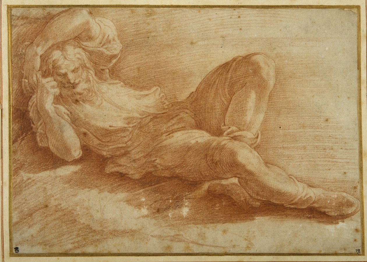 Bearded figure, sleeping (red chalk on white paper) 作者 帕玛强尼诺