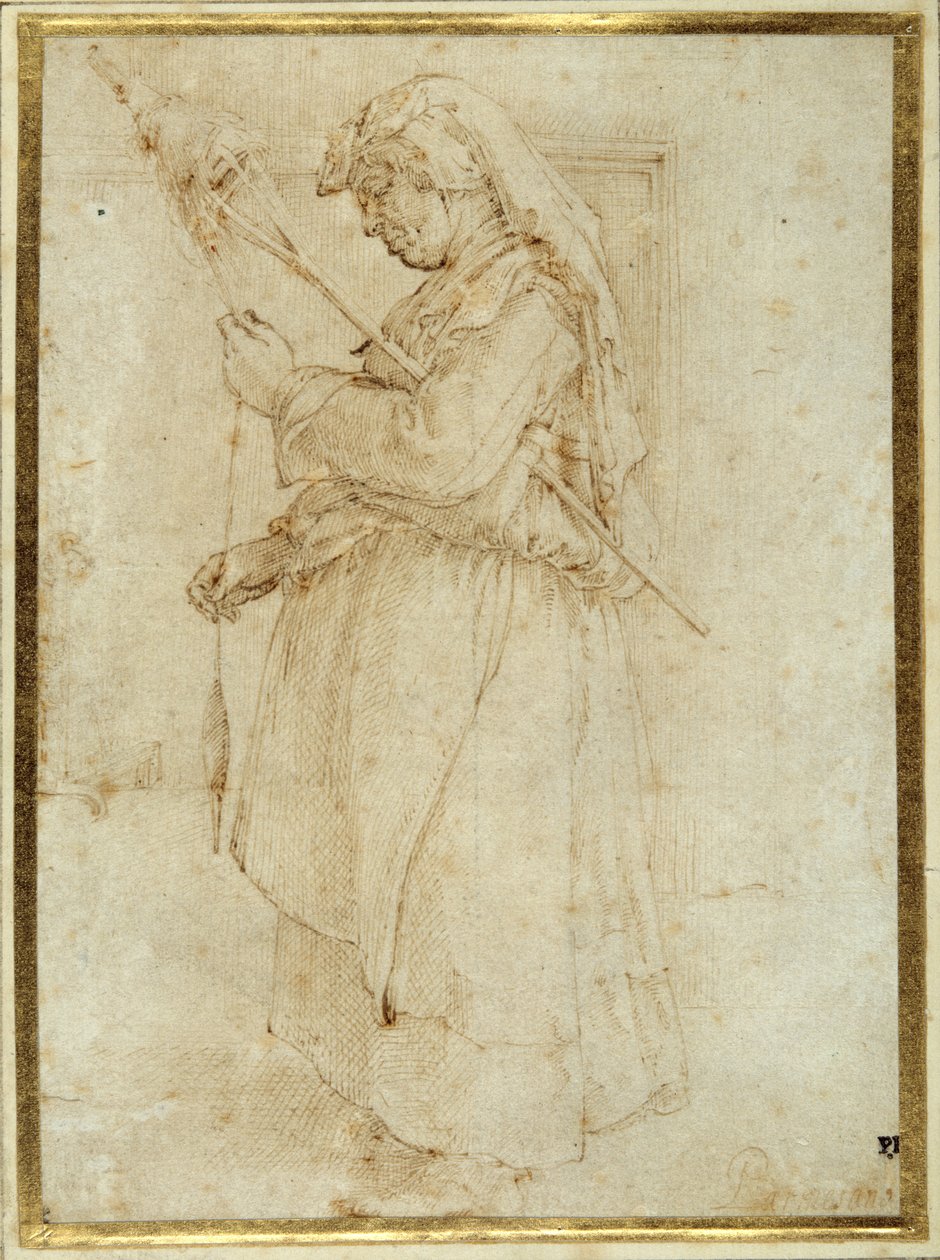 Old woman with a distaff, standing before a fireplace (pen & brown ink on white paper) 作者 帕玛强尼诺