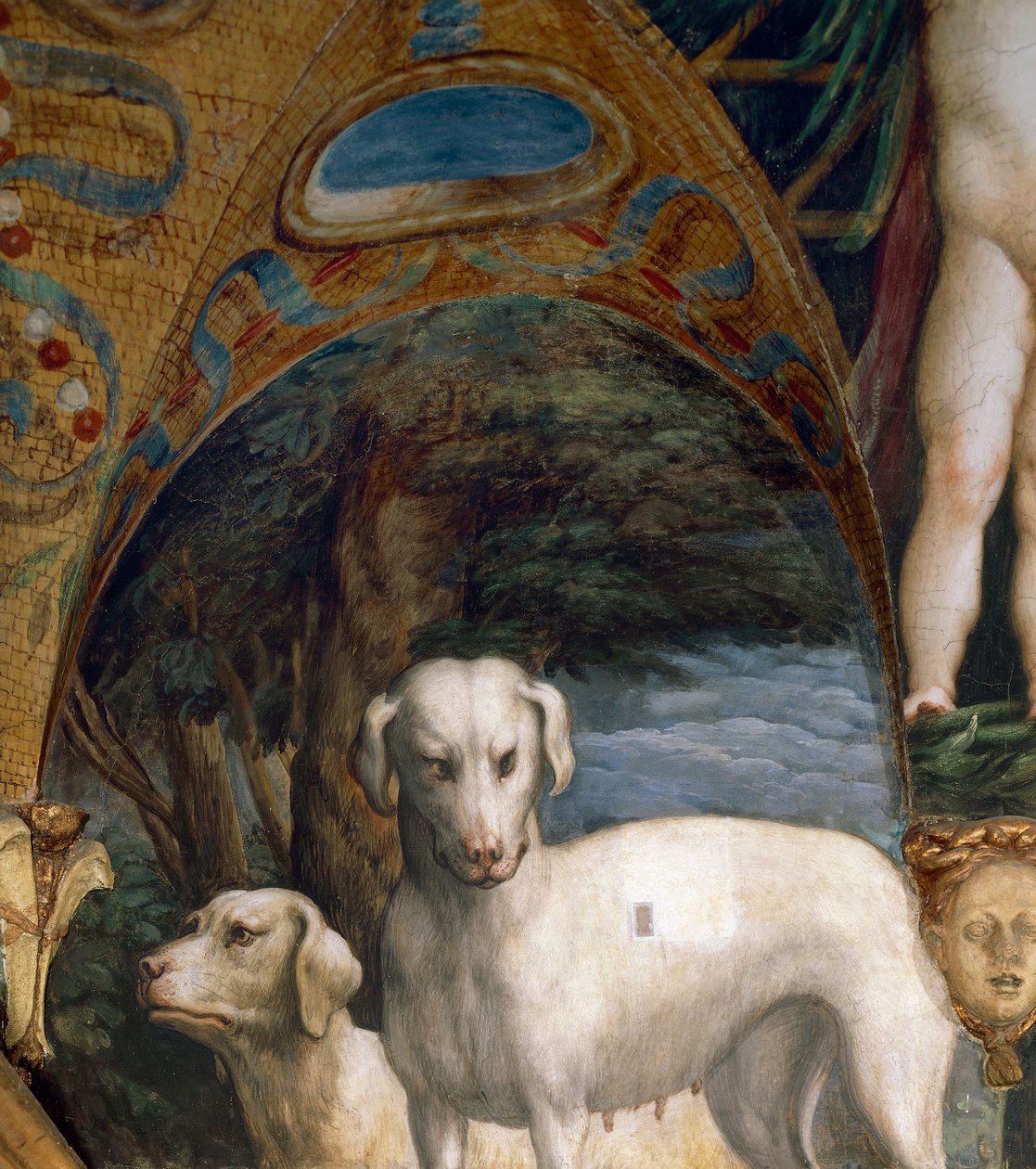 一对狗，Diana和Actaeon神话的细节，Francesco Mazzola（1503-1540），壁画，Diana和Actaeon房间的北侧，Rocca Sanvitale，Fontanellato，靠近意大利帕尔马，约1524年。 作者 帕玛强尼诺