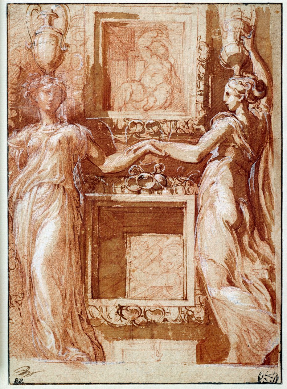 盒子的两侧都伸出了两个拐杖，Girolamo Francesco Maria Mazzola dit Parmigianino或Le Parmesan用墨水，水洗，鲜血和白色皮瓣来画画 作者 帕玛强尼诺