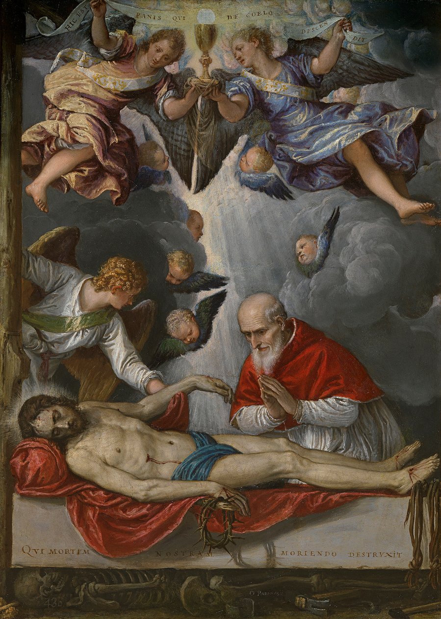 西班牙文：  Cristo yacente adorado por el papa Pío V 庇佑五世瞻仰的死去的基督 作者 Parrasio Micheli
