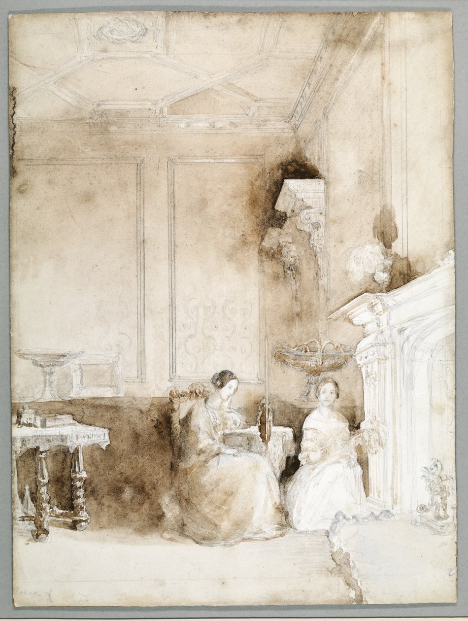 佛罗伦萨南丁格尔和Marianne Nicholson在Embley的绘图室，1830年（铅笔和纸上洗） 作者 夜莺帕特诺佩