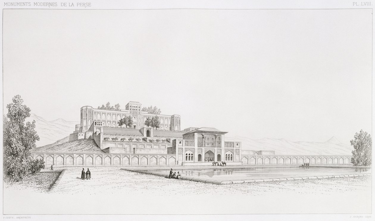 位于德黑兰的Golestan Qajar Palace&39;Kasr l Kadjar&39;，来自波斯的&39;Voyage Pittoresque&39;，由Joseph Durond（1816年）雕刻，由巴黎Lemercier出版，1856年 作者 帕斯卡尔泽维尔科斯特