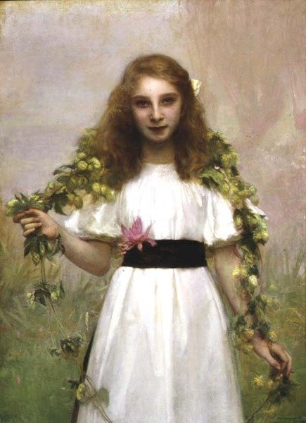 带花的少女肖像（布面油画 作者 帕斯卡尔·阿道夫·让·达格南·布维莱