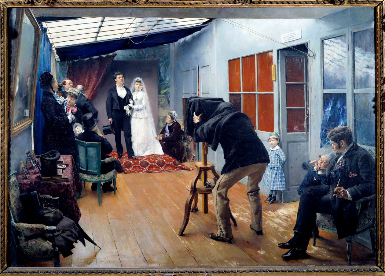 A wedding with the photographer in 1879 Couple of young brides posing in the photographer studio. Painting by Pascal Adolphe Jean Dagnan-Bouveret (1852-1929) 1879 Sun. 0,85x1,22 m Lyon, musee des Beaux Arts - Wedding party at the photographer