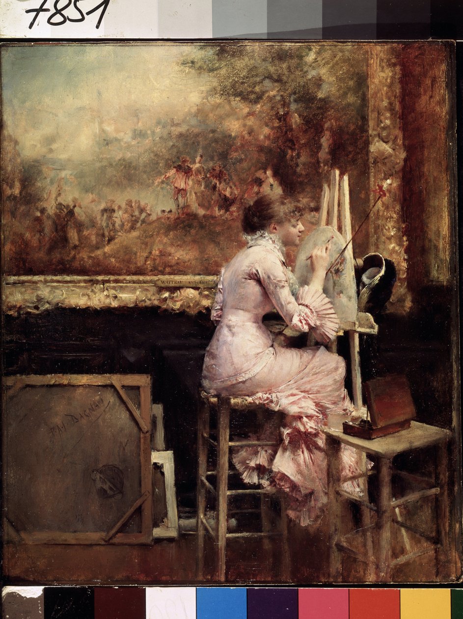 "卢浮宫博物馆里的年轻水彩画家"（Jeune artiste faisant une aquarelle au musee du Louvre），她穿着 "美好时代 "的时装，坐在凳子上。帕斯卡尔-阿道夫-让-达格南-布维雷（Dagnan Bouveret）（1852-1929 年）1889 年左右的作品。 作者 帕斯卡尔·阿道夫·让·达格南·布维莱