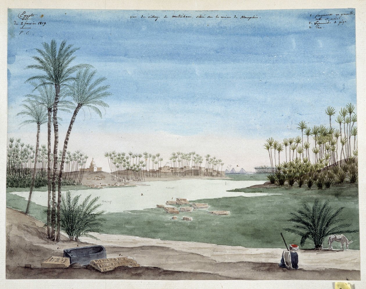埃及：孟菲斯附近梅特里汉姆村的景色。1819 帕斯卡-科斯特（1787-1879 年）绘制，马赛地中海考古博物馆 作者 帕斯卡泽维尔（后）科斯特
