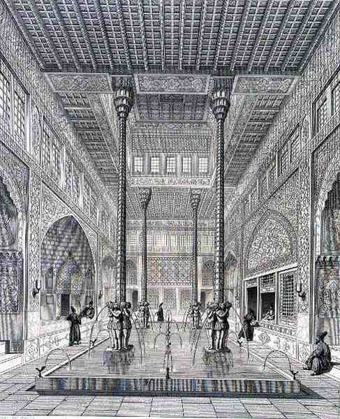 伊斯法罕的Chahar Bagh宫殿内部，来自波斯的 "Voyage Pittoresque"，由Claude Sauvageot（1832-85）和Jean Charles Huguet（生于1815年）雕刻，由巴黎Lemercier出版。 作者 帕斯卡泽维尔（后）科斯特