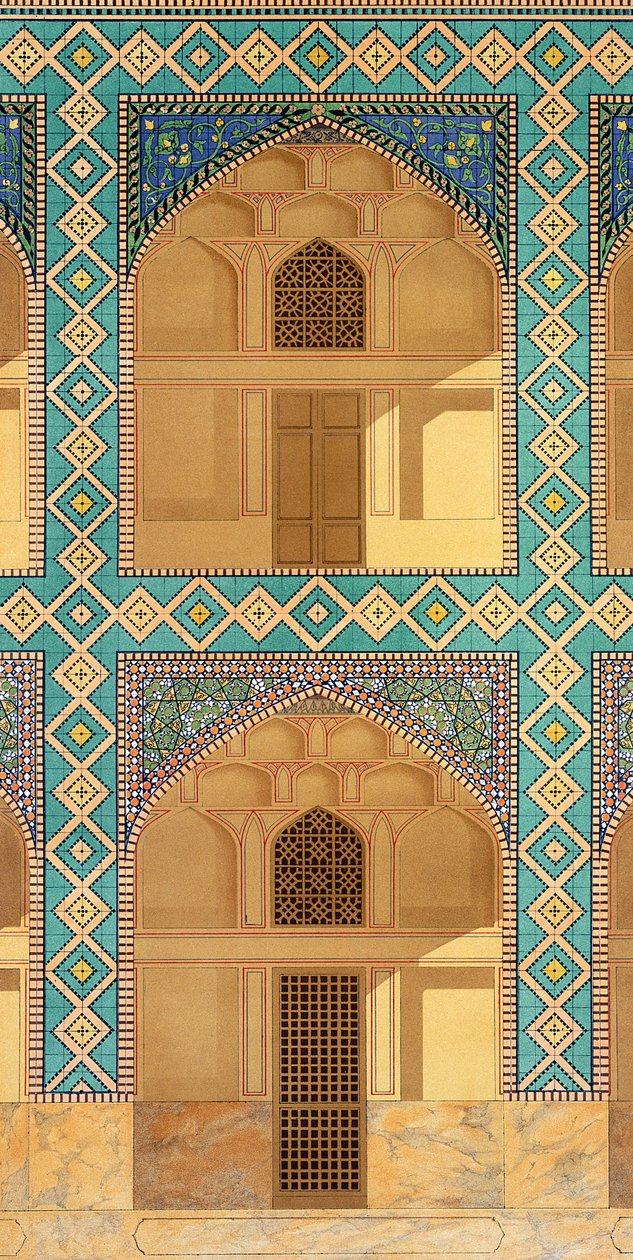 伊斯法罕Medrese-i-Shah-Hussein万怡酒店的细节，波斯现代纪念碑26-27，由A. Levie雕刻，1856年版画 作者 帕斯卡尔泽维尔科斯特