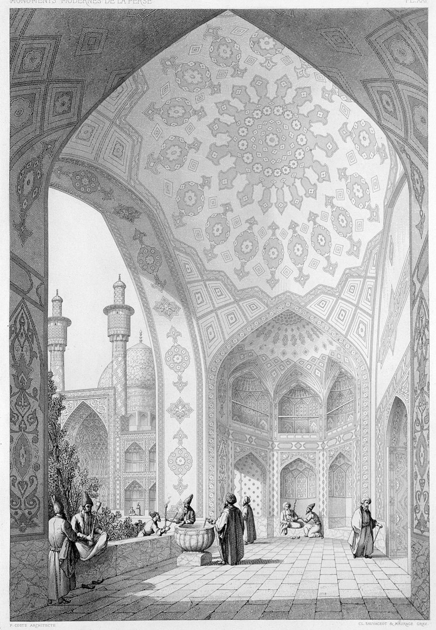 位于伊斯法罕Medrese-i-Shah-Hussein主入口的前厅，来自“波斯现代纪念碑”的21号板，由Claude Sauvageot（1832-85）和Maurage雕刻，1856年 作者 帕斯卡尔泽维尔科斯特