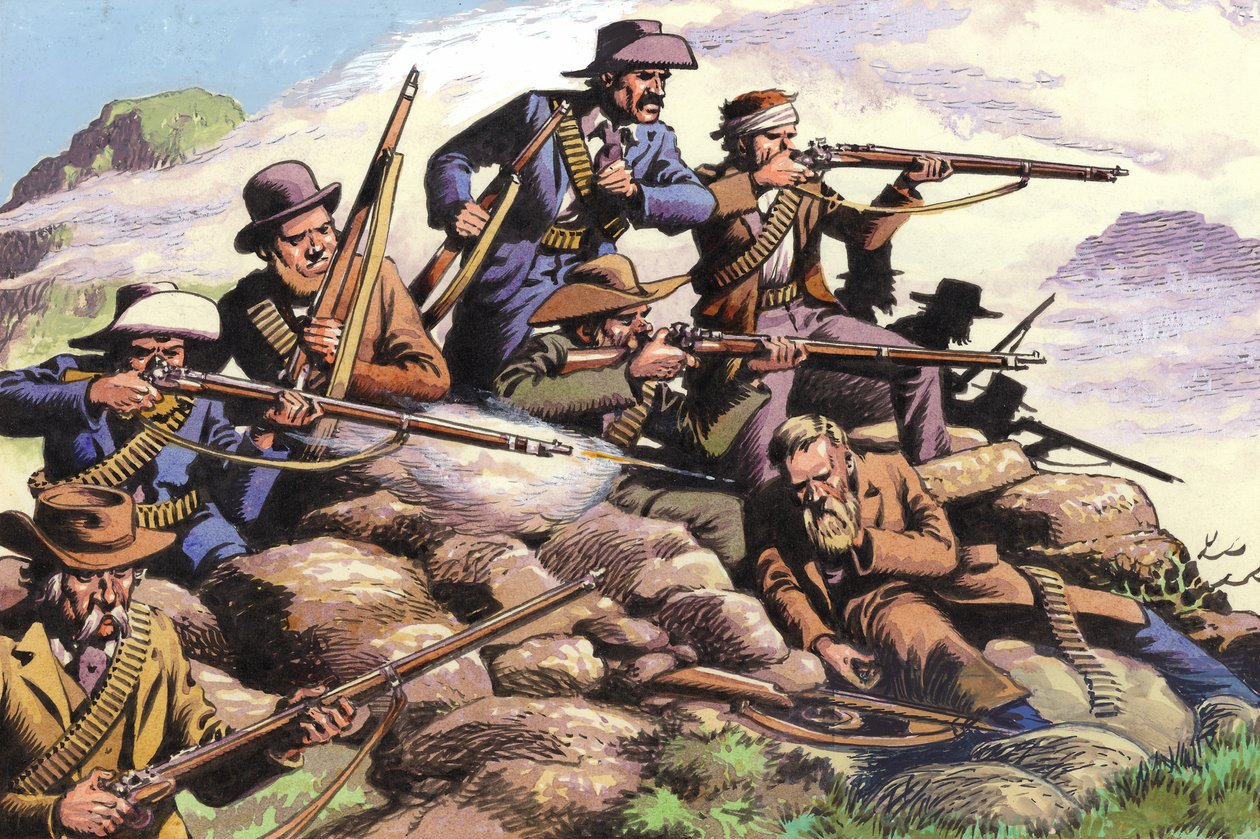 1880，第一次布尔战争期间德兰士瓦布尔人在马朱巴山的战斗（水粉画，纸面） 作者 帕特（1907-95）尼科尔
