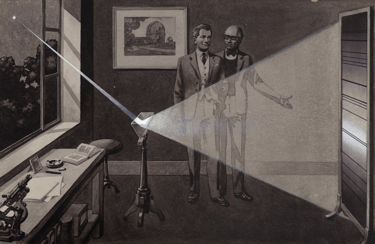 恒星发出的光照射到棱镜上，分裂成彩虹般的颜色（水粉画，纸本） 作者 帕特（1907-95）尼科尔