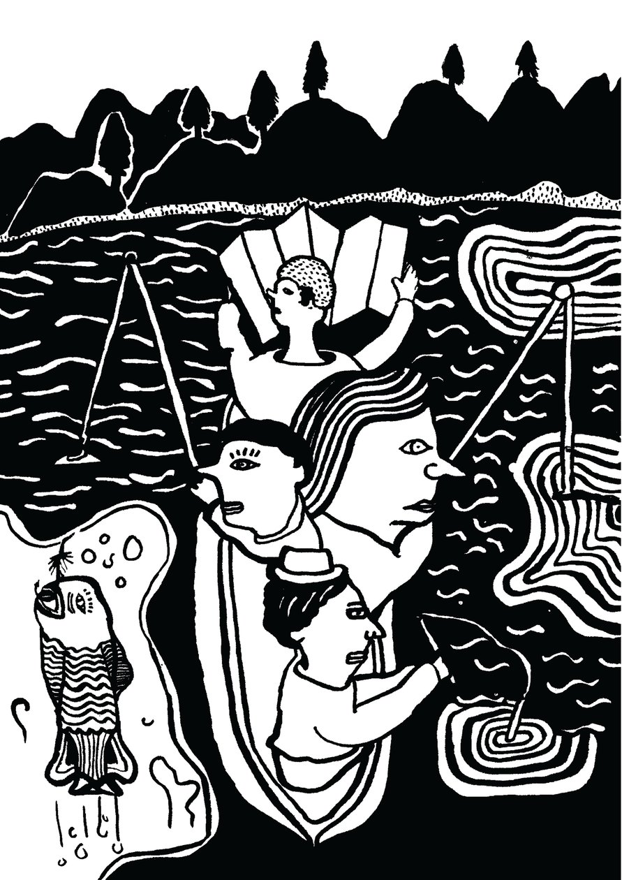 捉鱼，2014 年（水墨和毛笔） 作者 帕特·麦克唐纳