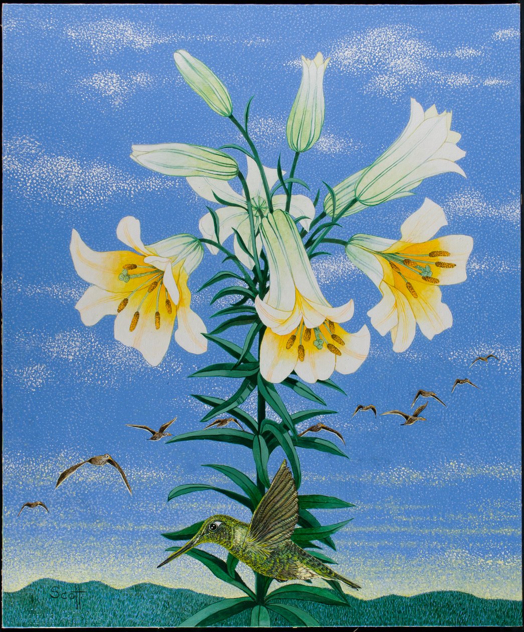 早起的鸟儿》，2011 年（花布上的丙烯画） 作者 帕特·斯科特