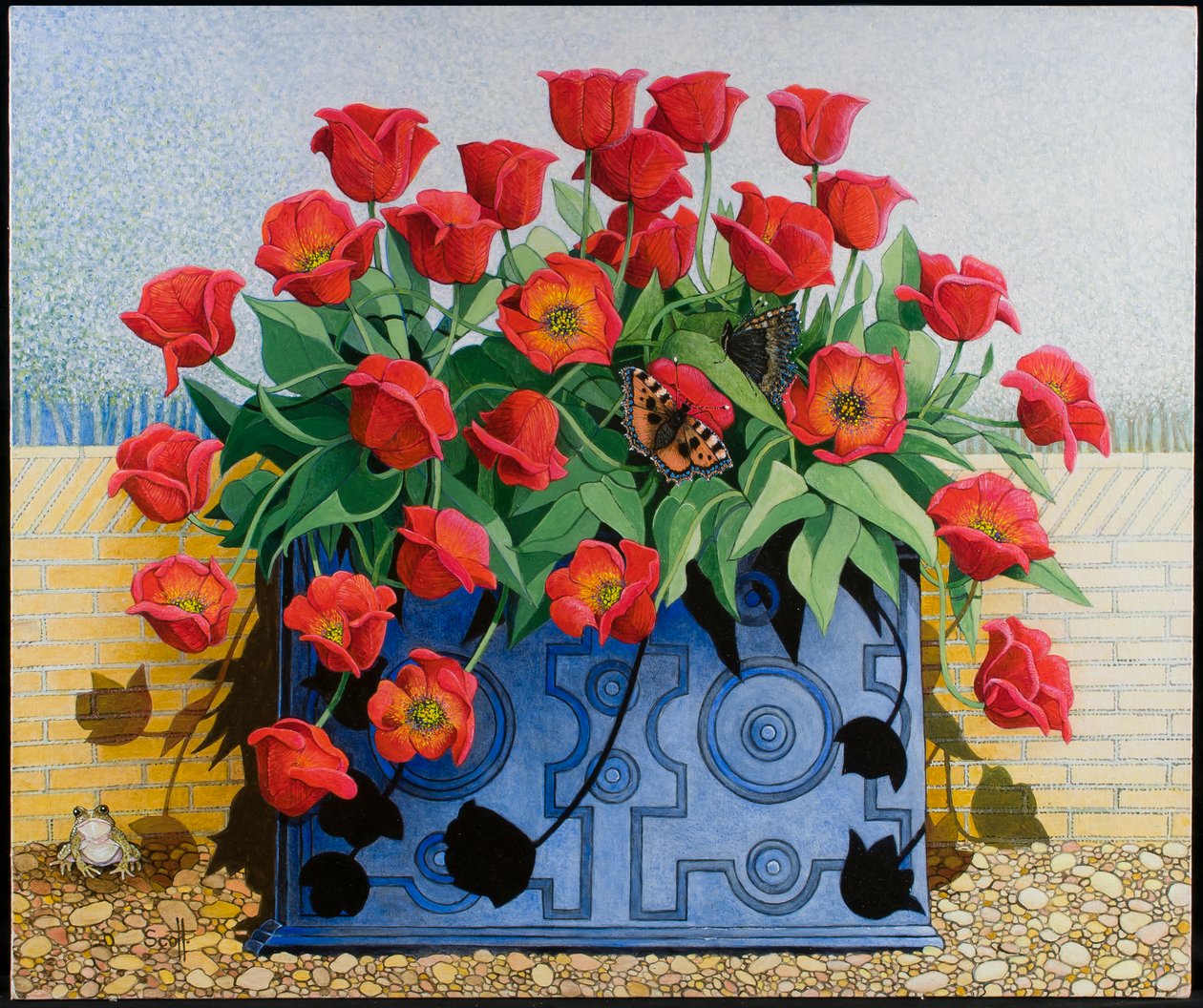 到达那里》，2011 年（压克力花布）花朵；郁金香；静物；窗台；蟾蜍；青蛙；蝴蝶； 作者 帕特·斯科特