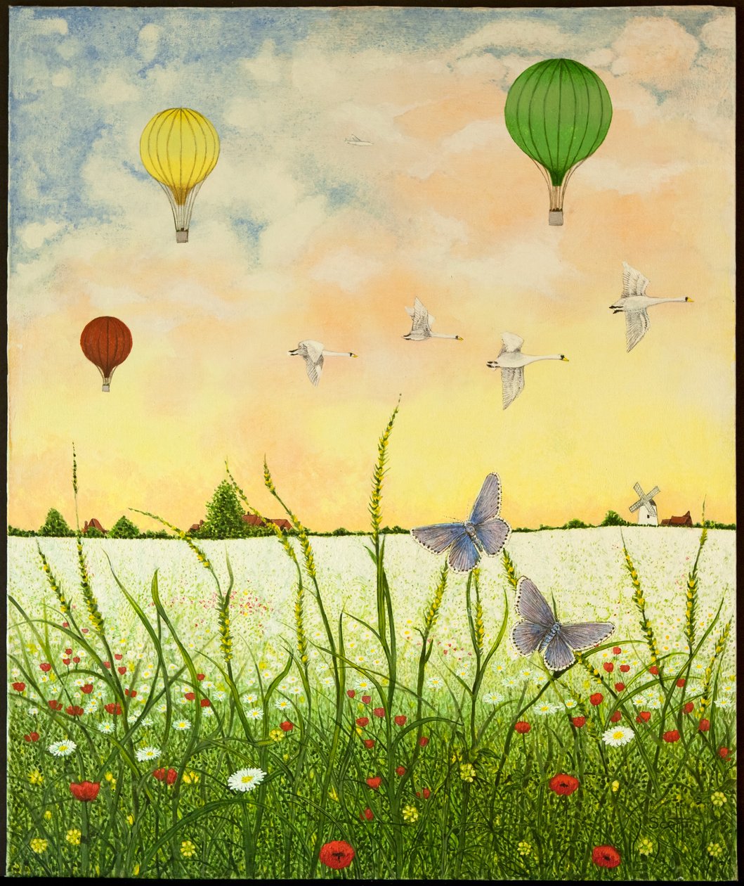 高空飞翔》，2011 年（花布上的丙烯画） 作者 帕特·斯科特