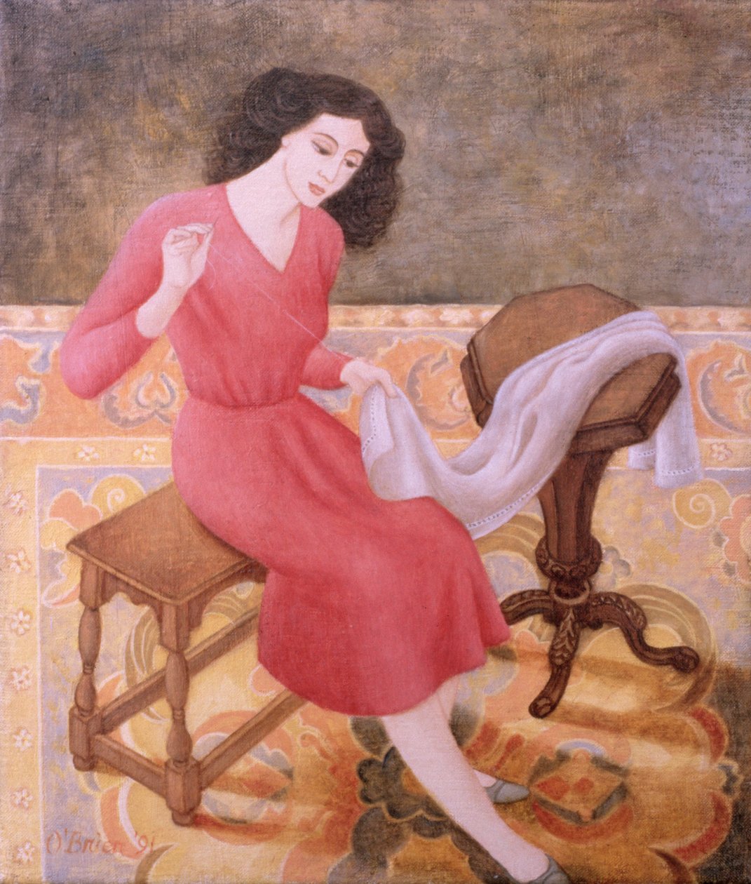 女孩缝纫，1991年 作者 帕特里夏·奥布莱恩（Patricia OBrien）