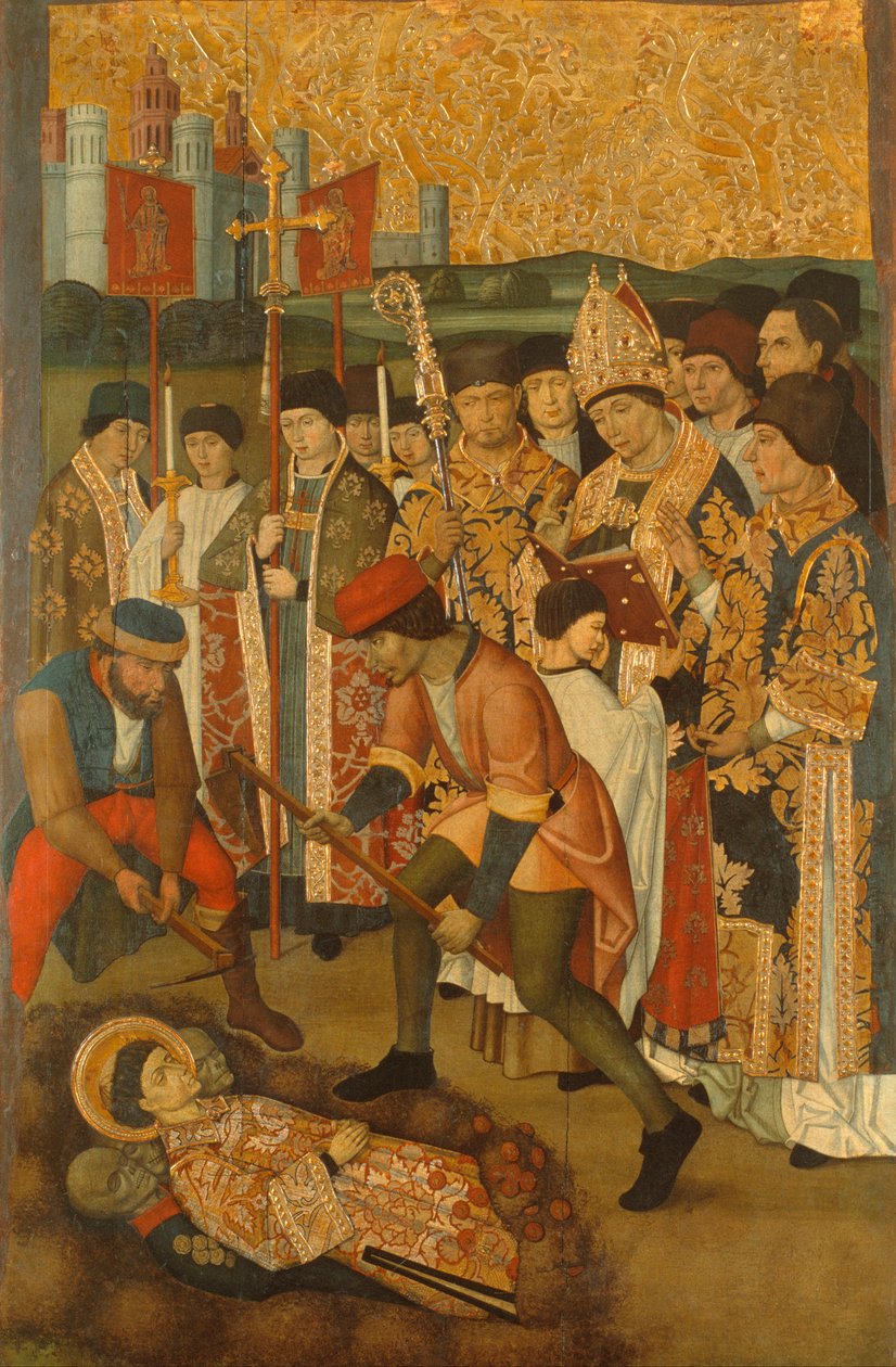 圣史蒂芬身体的发明》--韦尔戈斯家族绘画（活跃于 15 世纪晚期）--约 1495 年 - 画板上的钢笔画 - 203x132,2 - 巴塞罗那加泰罗尼亚国家艺术博物馆 作者 波维尔斯