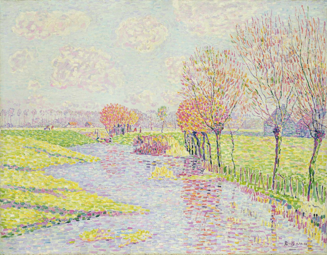 荷兰在晚秋天，与柳树的风景在水，1904年 作者 保罗·鲍姆