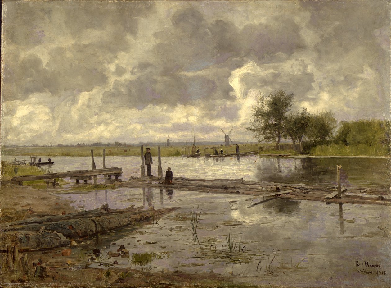 风景与魏玛附近的伊尔姆，与渔夫，1886年 作者 保罗·鲍姆
