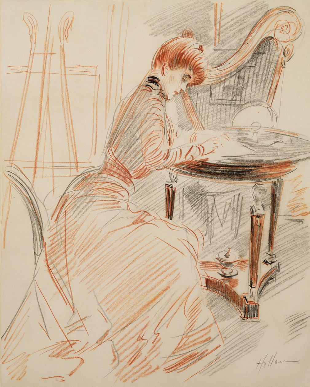 Helleu夫人写作（红铅笔和木炭） 作者 保罗·塞萨尔·Helleu