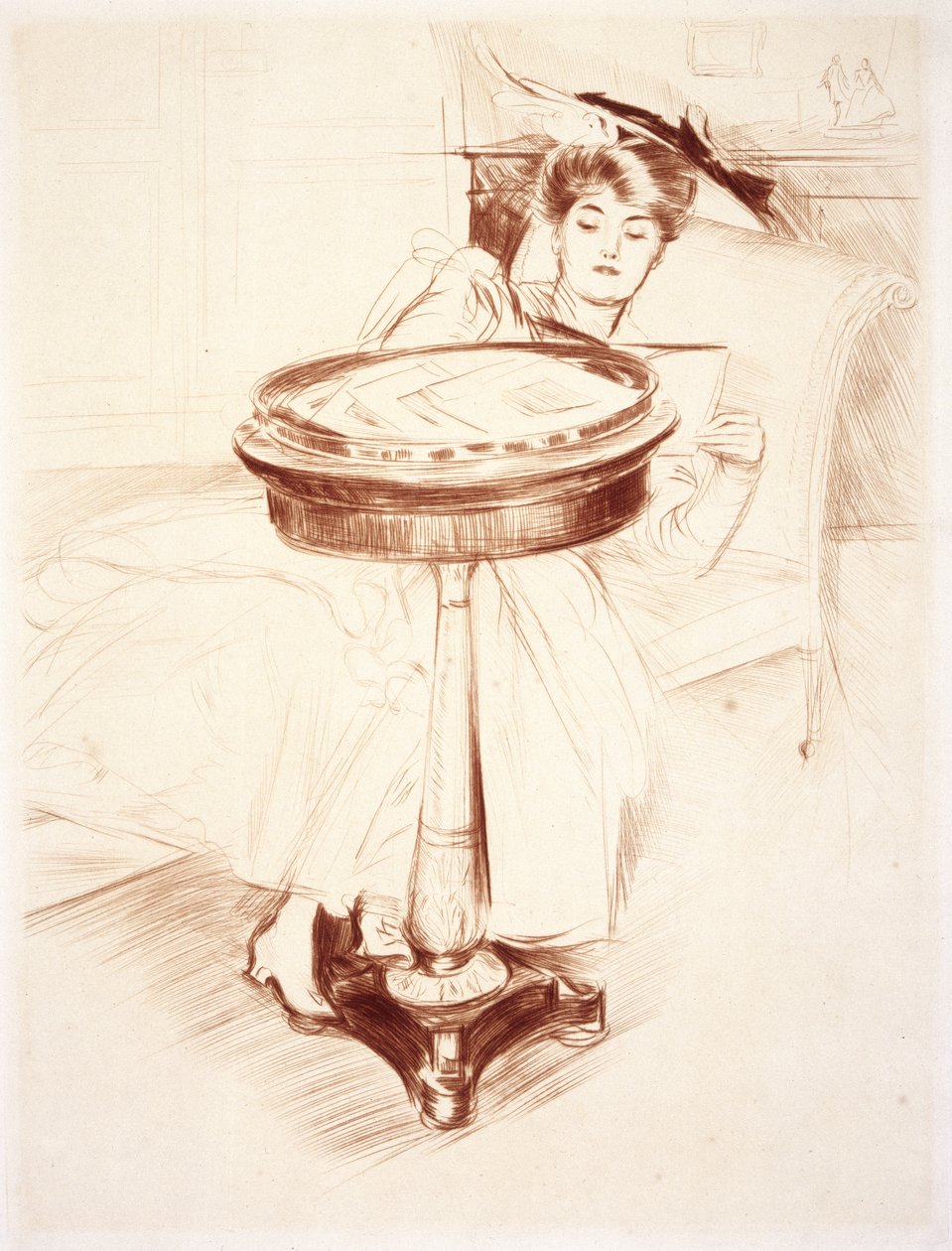 女人阅读，c.1895（纸上的干点） 作者 保罗·塞萨尔·Helleu