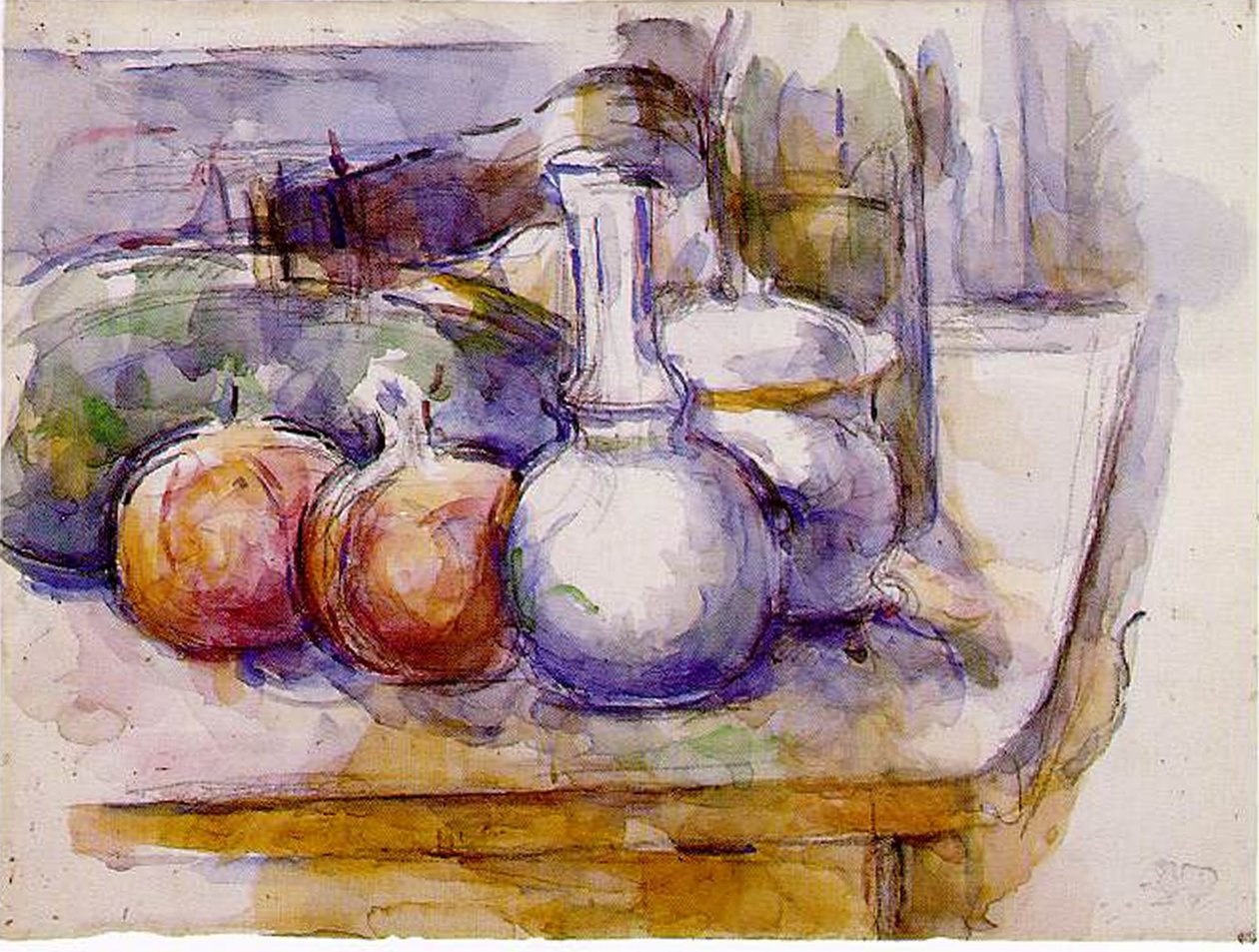 静物：玻璃水瓶，瓶子，石榴，西瓜，1900-06（wc和黑色粉笔在纸上） 作者 保罗·塞尚