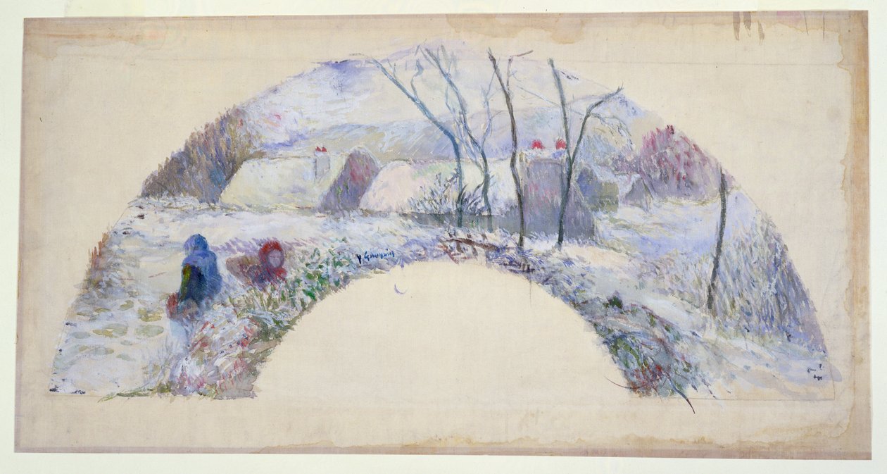 雪下的花园，为风扇设计，c.1885（wc和bodycolour over black chalk on fine linen） 作者 保罗·高更